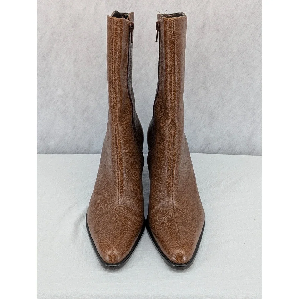 A. Marinelli Archer Brown Tooled Leather Floral Mid Calf Boots 7.5 M Brazil Made - Picture 4 of 11